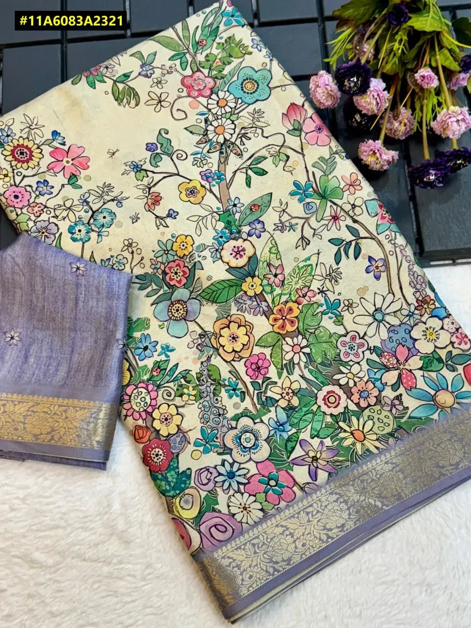 Premium Pure Tussar Silk Saree with Digital Print and Weaving Border