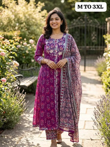 Elegant Purple Anarkali Kurti Set - Premium Cotton for Women