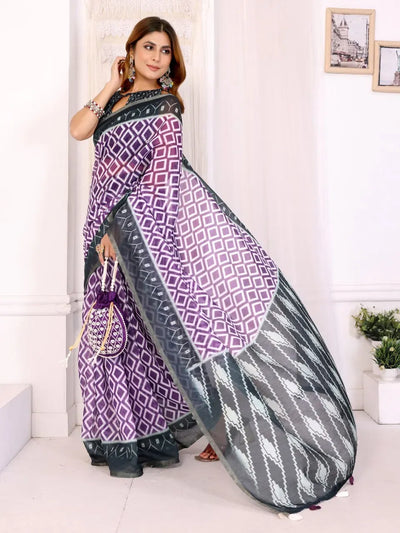 Elegant Purple Ikat Chanderi Saree - Designer Blouse for Festive Wear