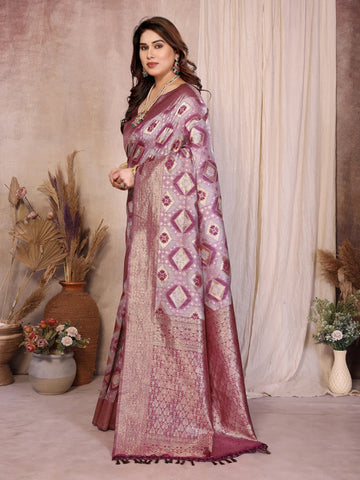 Elegant Purple Pure Cotton Spun Saree - Jaquard Zari Weaving for Festive & Wedding Wear