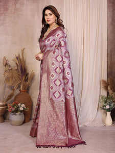 Elegant Purple Pure Cotton Spun Saree - Jaquard Zari Weaving for Festive & Wedding Wear