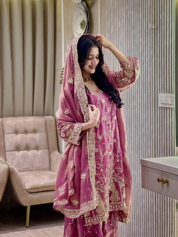 Elegant Radiant Plum Kurti & Plazzo Set - Sequins & Zari Embroidery for Festive & Party Wear