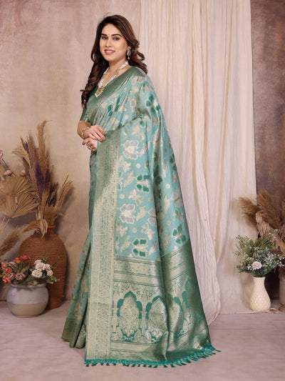 Elegant Rama Cotton Spun Saree - Jaquard Zari Weaving for Festive Wear