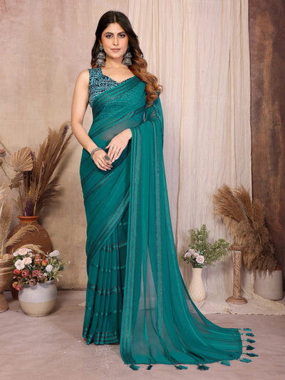 Elegant Rama Georgette Saree - Designer Kaju Patta Pattern for Parties