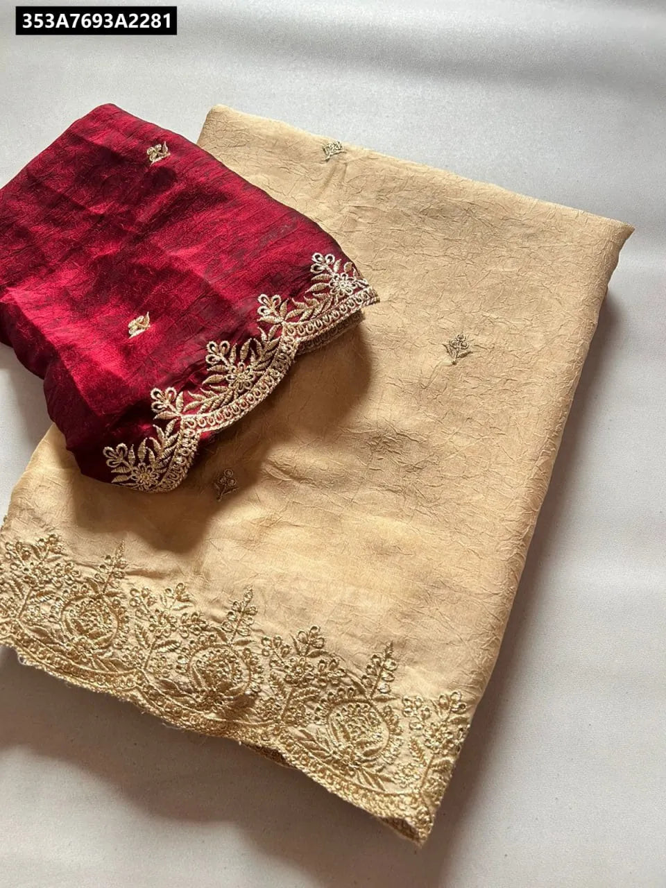 Elegant Beige Rangoli Crush Silk Saree with Maroon Contrast Blouse, flat lay