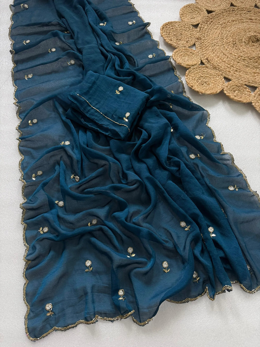 Teal blue Rangoli crush silk saree with premium handcut scalloped golden borders