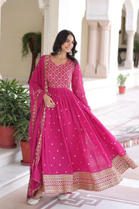 Elegant Rani Pink Gown - Rich Sequins & Zari Embroidered Festive Wear