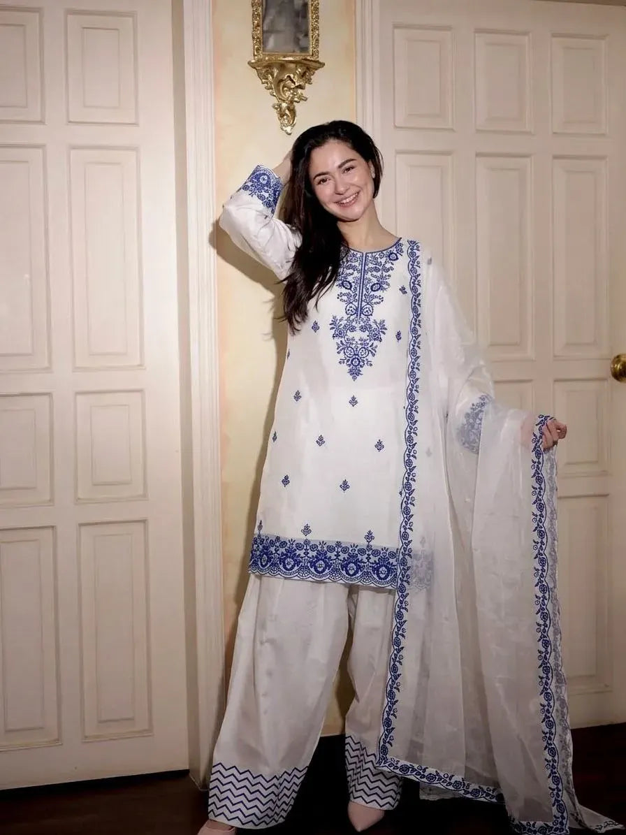 Premium White Rayon Cotton Kurti Set with Embroidered Farshi Pant