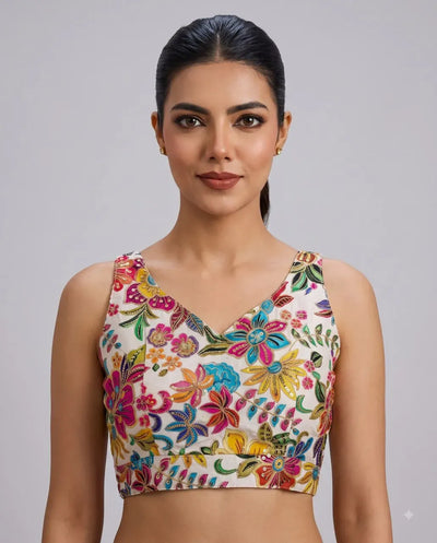 Elegant Readymade Sleeveless Blouse with Adjustable Margin for Festive Saree and Lehenga Wear