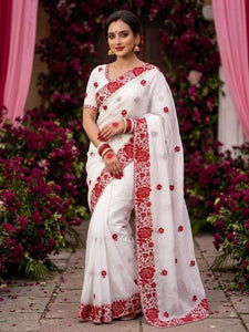 Elegant Red and White Rangoli Silk Saree - Floral Festive Wear for Women