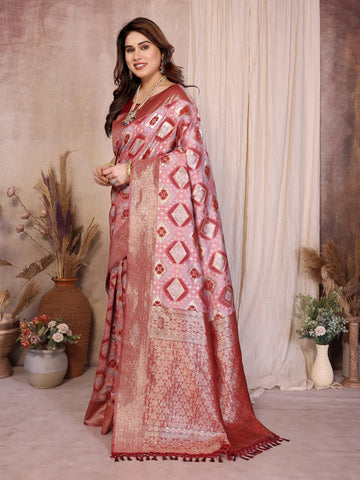 Elegant Red Cotton Spun Saree - Jaquard Zari Weaving for Women