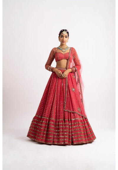 Elegant Red Faux Georgette Lehenga Choli - Sequin Zari Embroidered Wedding Wear