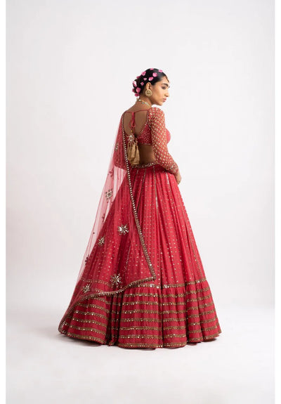 Elegant Red Faux Georgette Lehenga Choli - Sequin Zari Embroidered Wedding Wear