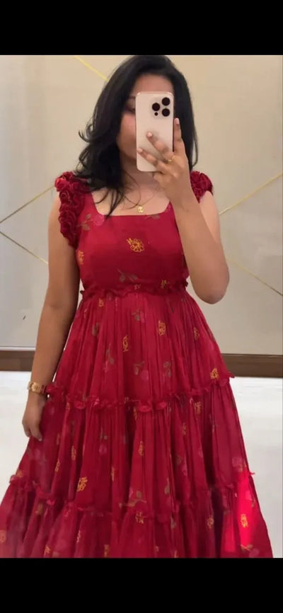 Elegant Red Floral Midi Dress - Cottagecore Style for Women