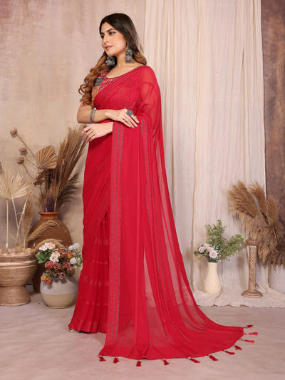 Elegant Red Georgette Saree - Kaju Patta Pattern for Women