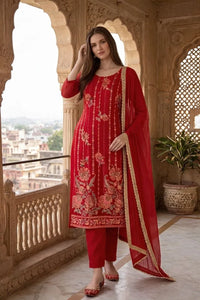 Elegant Red Organza Kurti Set - Heavy Embroidery & Muslin Pant
