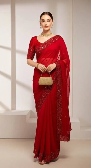 Elegant Red Satin Saree - Sequins & Cutwork Design | Valentine's Special