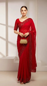 Elegant Red Satin Saree - Sequins & Cutwork Design | Valentine's Special
