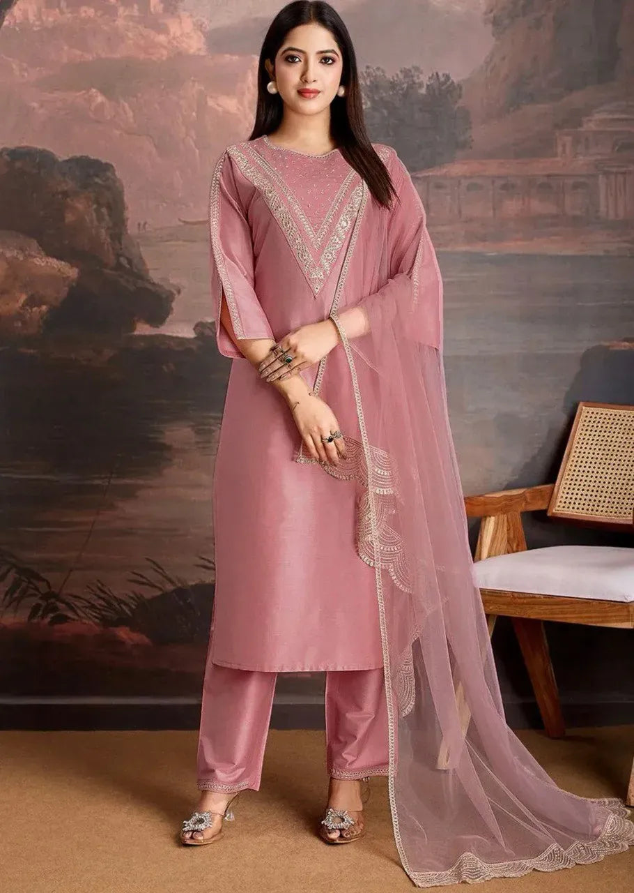 Premium Roman Fabric Kurti Set with Embroidered Organza Dupatta