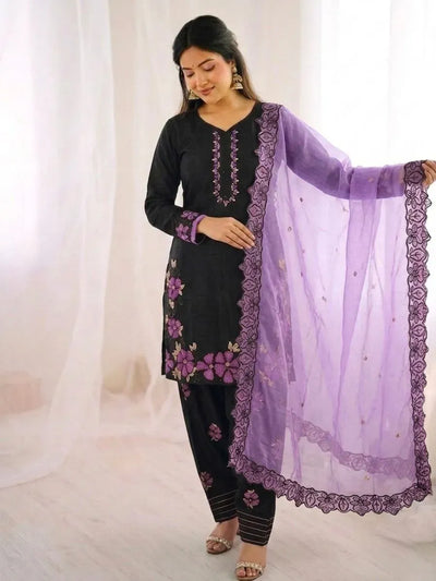 Elegant Roman Glass Silk Suit - Heavy Embroidery & Ready to Wear for Women