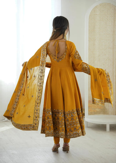 Elegant Roman Silk Anarkali Gown Set - Heavy Embroidery Sequence Work Festive Party Wear for Women