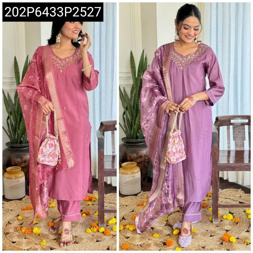 Elegant Roman Silk Handwork Kurta Suit Set for Women