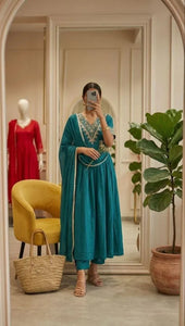 Elegant Roman Silk Kurta Set for Women - Flared Festive Wear