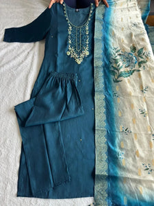 Elegant Roman Silk Kurti Pant Dupatta Set with Handwork for Festive Celebrations