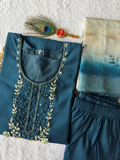 Elegant Roman Silk Kurti Pant Dupatta Set with Handwork for Festive Celebrations