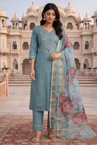 Elegant Roman Silk Kurti Pant Set with Zari Embroidery - Festive Wear for Women