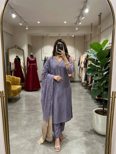 Elegant Roman Silk Kurti Set with Dupatta - Handwork Festive Wear for Women