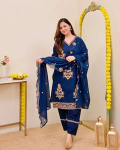 Elegant Roman Silk Kurti Set with Embroidered Dupatta for Festive Wear