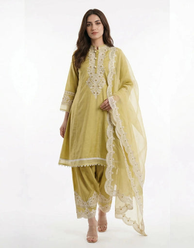 Elegant Roman Silk Salwar Suit Set with Embroidered Organza Dupatta for Festive Wear