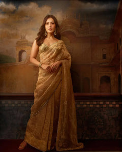 Elegant Rose Gold Silk Saree - Embroidered Jaal for Wedding & Parties