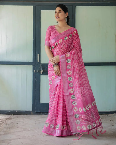Elegant Rose Pink Linen Cotton Bandhani Saree - Lightweight Festive Wear for Women