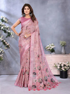 Elegant Rose Pink Linen Shimmer Saree - Lightweight Festive Wear for Women