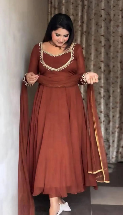 Elegant Rust Embroidered Georgette Suit - Flowy Party Wear with Dupatta for Women