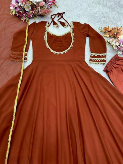 Elegant Rust Embroidered Georgette Suit - Flowy Party Wear with Dupatta for Women
