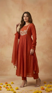 Elegant Rust Orange Cambric Cotton Kurti Set - Festive Wear for Women
