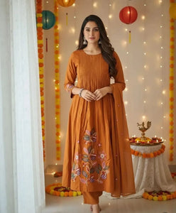Elegant Rust Orange Cotton Suit Set - Intricate Pintex Embroidery for Festive Wear