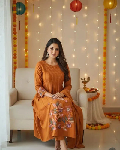 Elegant Rust Orange Cotton Suit Set - Intricate Pintex Embroidery for Festive Wear