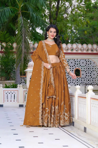 Elegant Rust Orange Lehenga - Gold Crush with Sequin & Zari Work for Festive & Wedding Wear