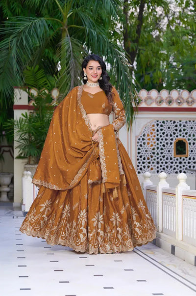 Elegant Rust Orange Lehenga - Gold Crush with Sequin & Zari Work for Festive & Wedding Wear