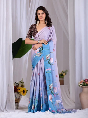 Elegant Satin Georgette Floral Saree with Designer Blouse - Festive Raksha Bandhan Collection for Women