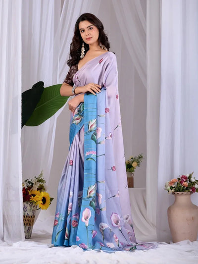 Elegant Satin Georgette Floral Saree with Designer Blouse - Festive Raksha Bandhan Collection for Women