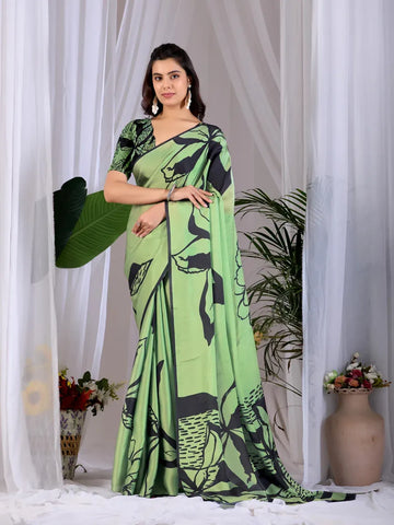 Elegant Satin Georgette Saree - Bold Abstract Leaf Print Festive Wear