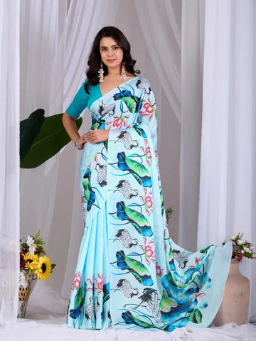 Elegant Satin Georgette Saree - Crane & Lotus Print Festive Wear for Women