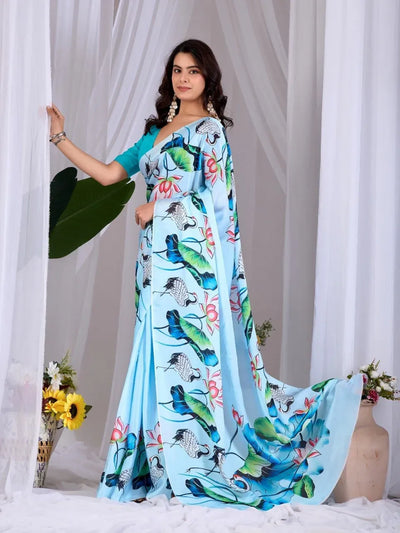 Elegant Satin Georgette Saree - Crane & Lotus Print Festive Wear for Women