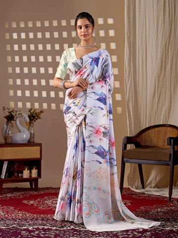 Elegant Satin Georgette Saree - Floral Digital Print Festive Wear for Women