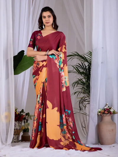 Elegant Satin Georgette Saree - Floral Digital Print Festive Wear for Women